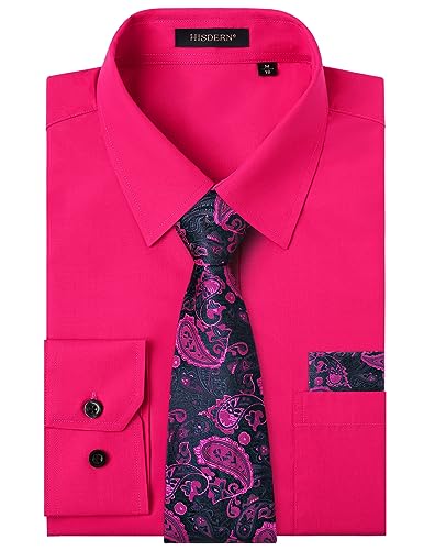 HISDERN Herren Hemd Heißes Rosa Langarm Einfarbige Hemden mit Krawatte und Taschentuch Formelle Businesshemd Hochzeit Freizeithemd mit Tasche Regular Fit L von HISDERN