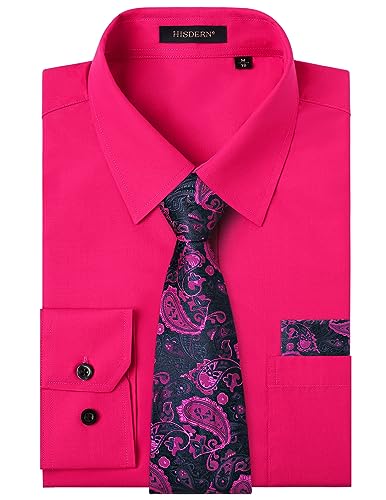 HISDERN Herren Hemd Heißes Rosa Langarm Einfarbige Hemden mit Krawatte und Taschentuch Formelle Businesshemd Hochzeit Freizeithemd mit Tasche Regular Fit M von HISDERN