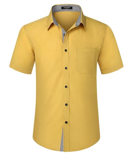 HISDERN Herren Hemd Kurzarm Freizeithemd Businesshemd Herren Gelb Kurzarm Hemden Regular Fit Bügelfreies Herrenhemd mit Brusttasche,M von HISDERN