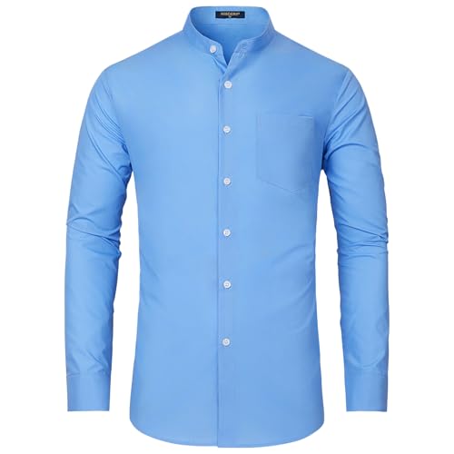 HISDERN Herren Hemd Langarm Blau Businesshemden Freizeithemden für Herren Ohne Kragen Oberhemd Button Down mit Tasche für Formelle Hochzeit XL von HISDERN