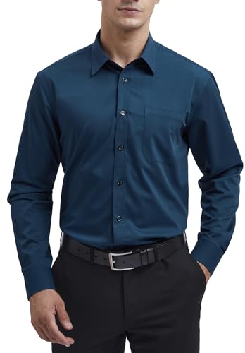 HISDERN Herren Hemd Langarm Blaugrün Businesshemd Regular Fit Hemd aus Bambusfaser Freizeithemd Bügelfreies Herrenhemd mit Brusttasche,2XL von HISDERN