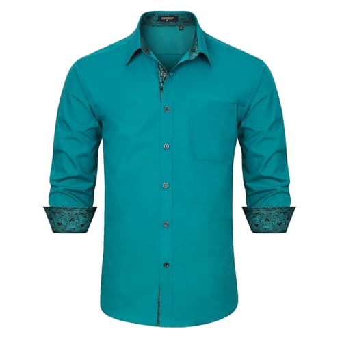 HISDERN Herren Hemd Langarm Blaugrün Formale Herren Hemd Business Regular Fit Freizeithemden Button Down Arbeit Hochzeit mit Taschen 2XL von HISDERN