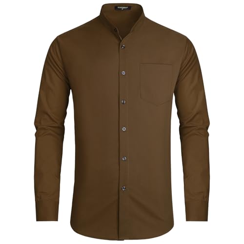 HISDERN Herren Hemd Langarm Braun Businesshemden Freizeithemden für Herren Ohne Kragen Oberhemd Button Down mit Tasche für Formelle Hochzeit S von HISDERN