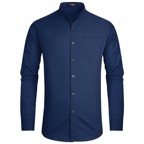 HISDERN Herren Hemd Langarm Business Hemd Herren Blau Bügelfrei Hemden Herren Ohne Kragen Einfarbig Herrenhemden Langarm Button Down Regular Fit L von HISDERN