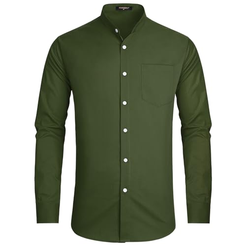 HISDERN Herren Hemd Langarm Business Hemd Herren Grün Bügelfrei Hemden Herren Ohne Kragen Einfarbig Herrenhemden Langarm Button Down Regular Fit XXL von HISDERN