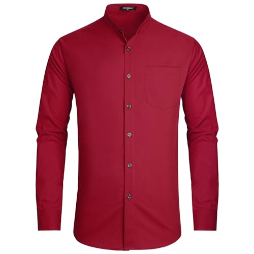 HISDERN Herren Hemd Langarm Businesshemd Rot Bügelfrei Hemden Herren Ohne Kragen Herrenhemden Button Down für Hochzeit Silvester M von HISDERN