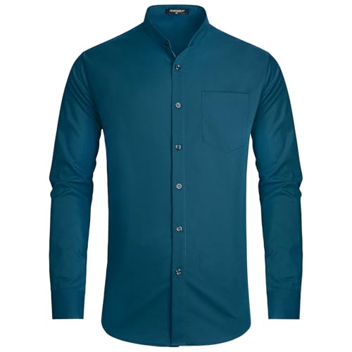 HISDERN Herren Hemd Langarm Business Hemd Herren Teal Grün Bügelfrei Anzug Oberhemd Ohne Kragen Einfarbig Freizeithemden Button Down Slim Fit S von HISDERN