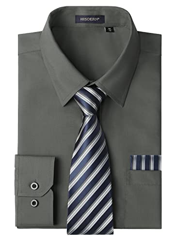 HISDERN Herren Hemd Grau Langarm Einfarbige Hemden mit Krawatte und Taschentuch Formelle Businesshemd Hochzeit Freizeithemd mit Tasche Regular Fit L von HISDERN