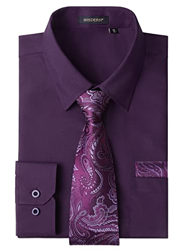 HISDERN Herren Hemd Violett Langarm Einfarbige Hemden mit Krawatte und Taschentuch Formelle Businesshemd Hochzeit Freizeithemd mit Tasche Regular Fit L von HISDERN