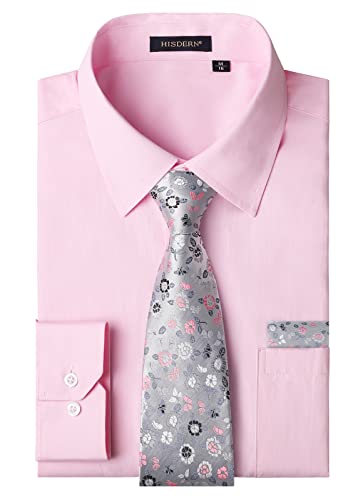 HISDERN Herren Hemd Rosa Langarm Einfarbige Hemden mit Krawatte und Taschentuch Formelle Businesshemd Hochzeit Freizeithemd mit Tasche Regular Fit L von HISDERN