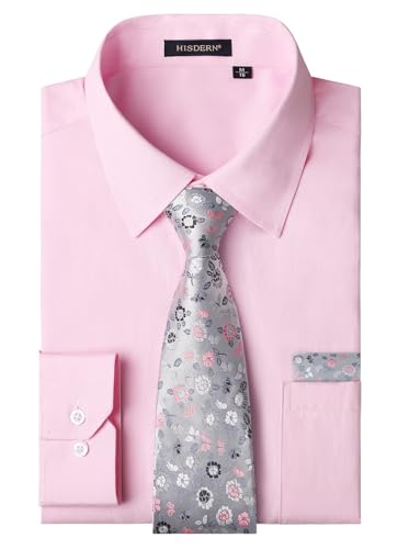 HISDERN Herren Hemd Rosa Langarm Einfarbige Hemden mit Krawatte und Taschentuch Formelle Businesshemd Hochzeit Freizeithemd mit Tasche Regular Fit L von HISDERN