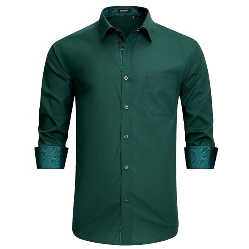 HISDERN Herren Hemd Langarm Button Down Dunkelgrün Stretch Smart Hemd Erwachsene Regular Fit Formale Geschäfte Hochzeit bügelfrei mit Taschen,Dunkelgrün-1,M von HISDERN