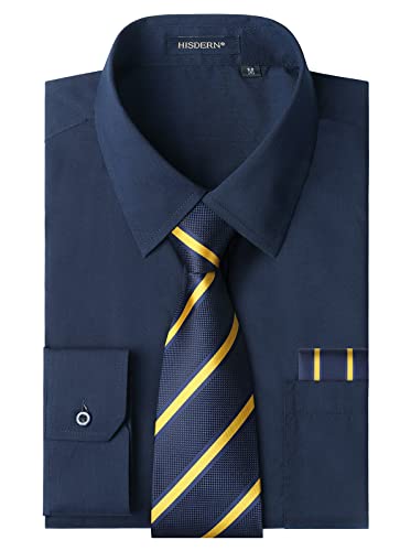 HISDERN Herren Hemd Navy Blau Langarm Einfarbige Hemden mit Krawatte und Taschentuch Formelle Businesshemd Hochzeit Freizeithemd mit Tasche Regular Fit L von HISDERN