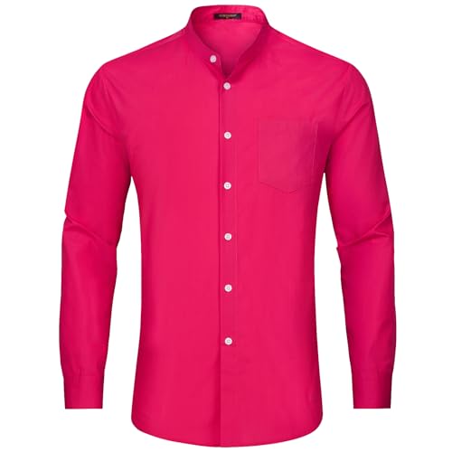 HISDERN Herren Hemd Langarm Fuchsia Businesshemden Freizeithemden für Herren Ohne Kragen Oberhemd Button Down mit Tasche für Hochzeit Casual 3XL von HISDERN