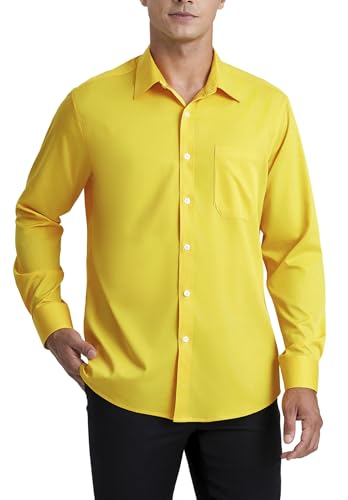 HISDERN Herren Hemd Langarm Gelb Businesshemd Regular Fit Hemd aus Bambusfaser Freizeithemd Bügelfreies Herrenhemd mit Brusttasche,L von HISDERN