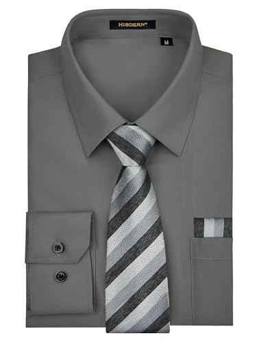 HISDERN Herren Hemd Langarm Grau Hemd und Krawatte Set Formelle Regular Unifarben Anzughemd mit Brusttasche 2XL von HISDERN