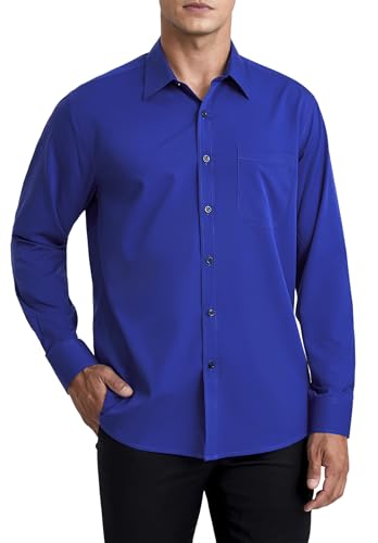 HISDERN Herren Hemd Langarm Königsblau Businesshemd Regular Fit Hemd aus Bambusfaser Freizeithemd Bügelfreies Herrenhemd mit Brusttasche,4XL von HISDERN