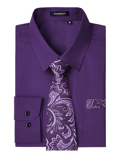 HISDERN Herren Hemd Langarm Lila Hemd mit Krawatte Set Formelle Unifarben Hochzeit Freizeithemden Regular Fit XL von HISDERN