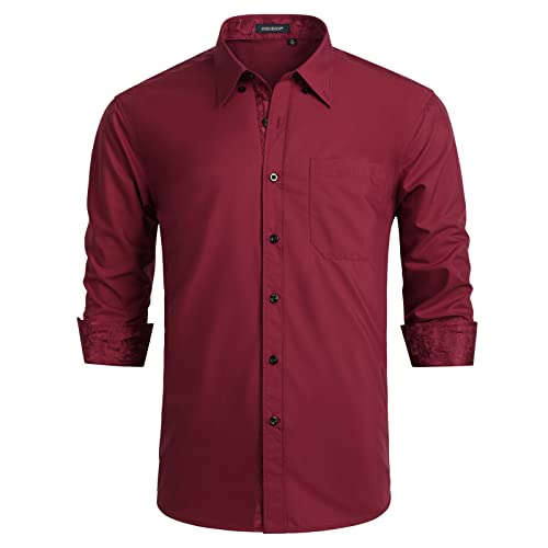 HISDERN Herren Hemd Langarm Regular Fit Klassisch Hemden Formelle Businesshemden Freizeithemd mit Taschen Burgund XL von HISDERN