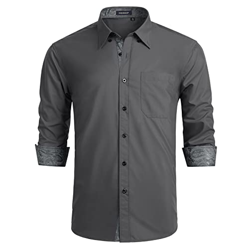 HISDERN Herren Hemd Langarm Regular Fit Klassisch Hemden Formelle Businesshemden Freizeithemd mit Taschen Grau M von HISDERN