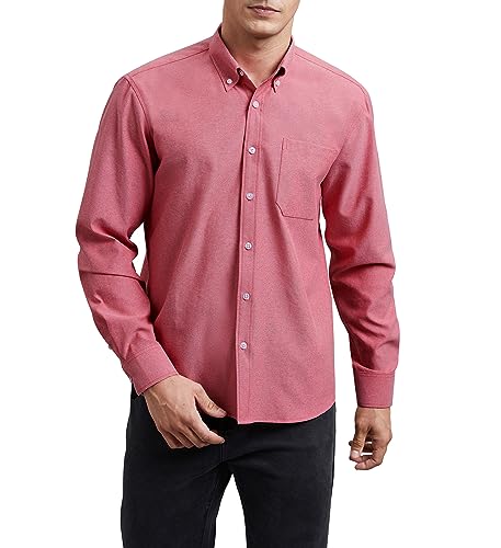 HISDERN Herren Hemd Langarm Rot Hemden Freizeithemd Businesshemd Baumwolle Oxford Casual Regular Fit Hemd für Männer L von HISDERN