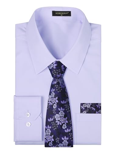 HISDERN Herren Hemd Lila Langarm Einfarbige Hemden mit Krawatte und Taschentuch Formelle Businesshemd Hochzeit Freizeithemd mit Tasche Regular Fit 4XL von HISDERN