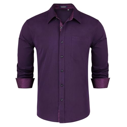 HISDERN Herren Hemd Lila Langarm Formale Herren Hemd Business Regular Fit Freizeithemden Button Down Arbeit Hochzeit Hemd mit Taschen 3XL von HISDERN