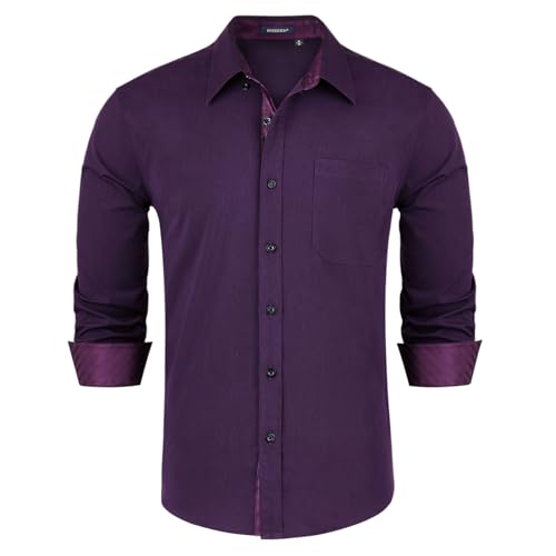 HISDERN Herren Hemd Lila Langarm Formale Herren Hemd Business Regular Fit Freizeithemden Button Down Arbeit Hochzeit mit Taschen M von HISDERN