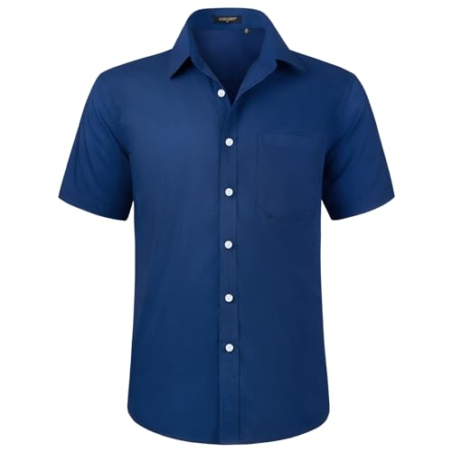 HISDERN Herren Hemd Navy blau Kurzarm Freizeithemd Businesshemd Herrenhemden Regular Fit Bügelfreies Herrenhemd mit Brusttasche,XL von HISDERN