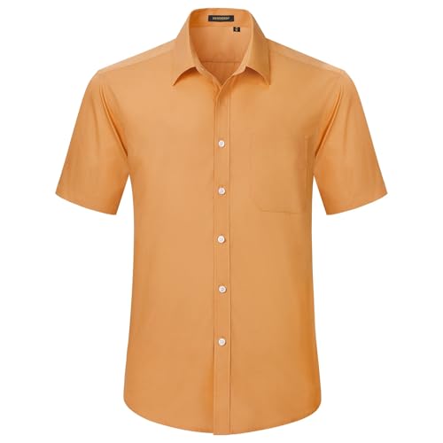HISDERN Herren Hemd Orange Kurzarm Freizeithemd Businesshemd Herrenhemden Regular Fit Bügelfreies Herrenhemd mit Brusttasche,L von HISDERN