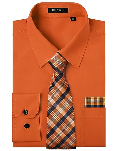 HISDERN Herren Hemd Orange Langarm Einfarbige Hemden mit Krawatte und Taschentuch Formelle Businesshemd Hochzeit Freizeithemd mit Tasche Regular Fit L von HISDERN