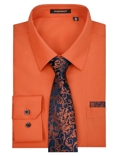 HISDERN Herren Hemd Orange Langarm Einfarbige Hemden mit Krawatte und Taschentuch Formelle Businesshemd Hochzeit Freizeithemd mit Tasche Regular Fit XXL von HISDERN
