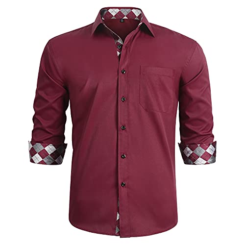 HISDERN Herren Rote Hemden Formelle Langarm-Button-Down-Braun-Karo-Arbeit Smart Floral Collar Regular Fit Burgunder-Hemd von HISDERN