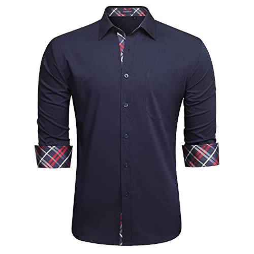 HISDERN Herren Hemd Regular Fit Formale Freizeithemden Herrenhemden Langarm Männer Hemd Klassisches Businesshemd mit Tasche,Navy Blau,XL von HISDERN