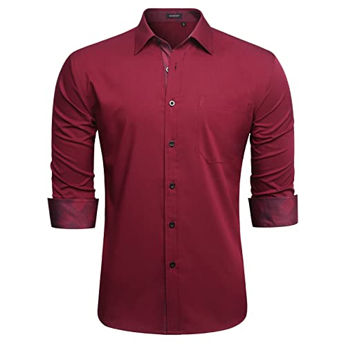 HISDERN Herren Hemd Regular Fit Formale Freizeithemden Herrenhemden Rot Langarm Männer Hemd Klassisches Businesshemd mit Tasche Hemden 4XL von HISDERN