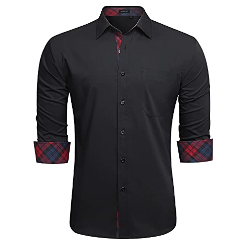 HISDERN Herren Hemd Regular Fit Formale Freizeithemden Herrenhemden Schwarz Langarm Männer Hemd Klassisches Businesshemd mit Tasche,XL von HISDERN