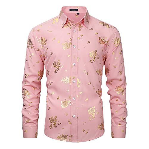 HISDERN Herren Hemd Rosa Langarm Blumenhemde Freizeit Hemdn Regulär Fit Shirts XL von HISDERN