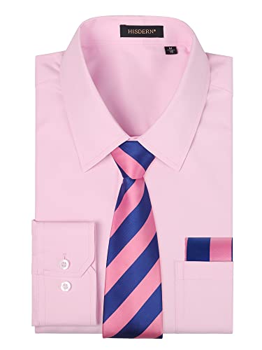 HISDERN Herren Hemd Rosa Langarm mit Krawatte Formelle Businesshemd Regular Fit Freizeithemd mit Tasche Hemden und Krawatten Taschentuch Set L von HISDERN