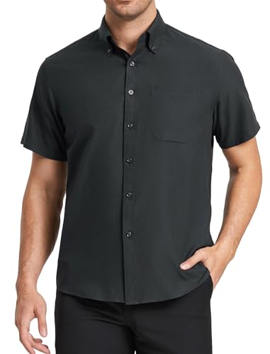 HISDERN Herren Hemd Schwarz Kurzarm Kleiderhemd Oxford Sommer Hemden Bügelfrei Button Down Business Freizeithemd Sommer mit Tasche, L von HISDERN