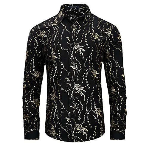 HISDERN Herren Hemd Schwarz Langarm Blumenhemde Freizeit Hemdn Regulär Fit Shirts M von HISDERN