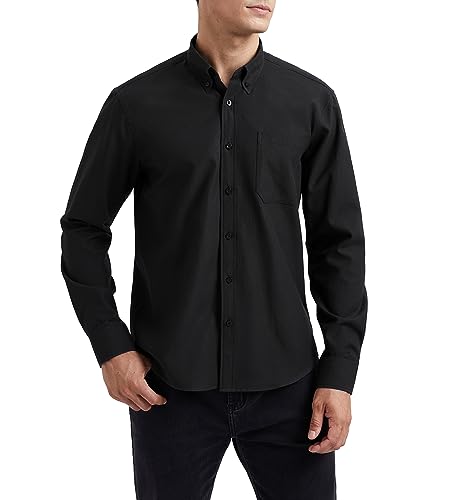 HISDERN Herren Hemd Schwarz Langarm Oxford Hemden Freizeithemden Businesshemd Faltenfrei Casual Button Down Hemd für Herren L von HISDERN