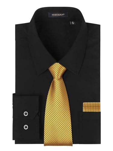 HISDERN Herren Hemd Schwarz Langarm mit Krawatte Formelle Businesshemd Regular Fit Freizeithemd mit Tasche Hemden und Gold Krawatten Taschentuch Set M HISDERN Herren Hemd Schwarz Langarm mit Krawatte Formelle Businesshemd Regular Fit Freizeithemd mit Tasche Hemden und Gold Krawatten Taschentuch Set M von HISDERN