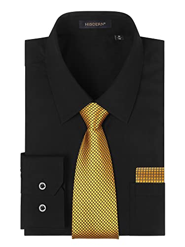 HISDERN Herren Hemd Schwarz Langarm mit Krawatte Formelle Businesshemd Regular Fit Freizeithemd mit Tasche Hemden und Gold Krawatten Taschentuch Set XXL von HISDERN