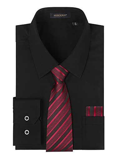 HISDERN Herren Hemd Schwarz Langarm mit Krawatte Formelle Businesshemd Regular Fit Freizeithemd mit Tasche Hemden und Rot Krawatten Taschentuch Set S von HISDERN