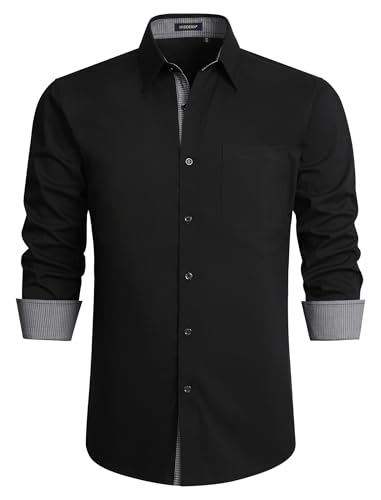 HISDERN Herren Hemd Schwarz Langarmhemd Stretch Smart Hemden Formelle Businesshemden Langarm Freizeithemden Regular Fit mit Taschen,Schwarz,M von HISDERN