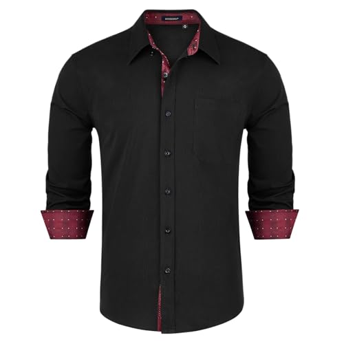 HISDERN Herren Hemd Schwarze Langarm Formale Herren Hemd Business Regular Fit Freizeithemden Button Down Arbeit Hochzeit Hemd mit Taschen 4XL von HISDERN