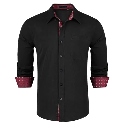 HISDERN Herren Hemd Schwarze Langarm Formale Herren Hemd Business Regular Fit Freizeithemden Button Down Arbeit Hochzeit mit Taschen XL von HISDERN