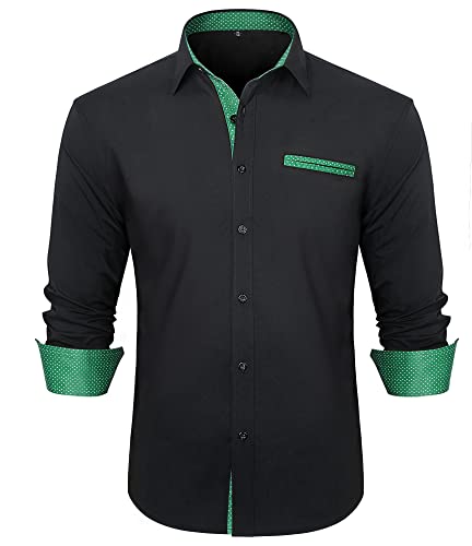 HISDERN Hemd Herren Schwarz Langarm Hemden Männer Regular Fit Business Bügelfrei Oberhemd Freizeit Herrenhemden Mit Tupfenmuster Weihnachtshemd,Schwarz & Grün,XL von HISDERN