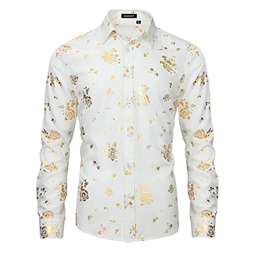 HISDERN Herren Hemd Weiß Langarm Blumenhemde Freizeit Hemdn Regulär Fit Shirts L von HISDERN