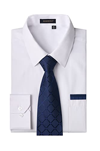 HISDERN Herren Hemd Weiß Langarm Einfarbige Hemden mit Krawatte und Taschentuch Formelle Businesshemd Hochzeit Freizeithemd mit Tasche Regular Fit XL von HISDERN